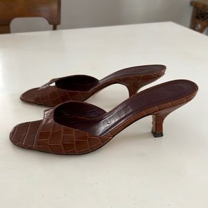 STAUD slide sandals in chocolate crock leather